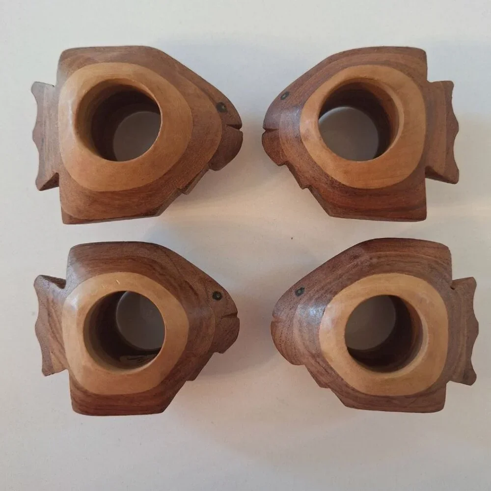 Wooden Fish Napkin Rings India Carved Eyes Faces Nautical Sea Beach Shore Island